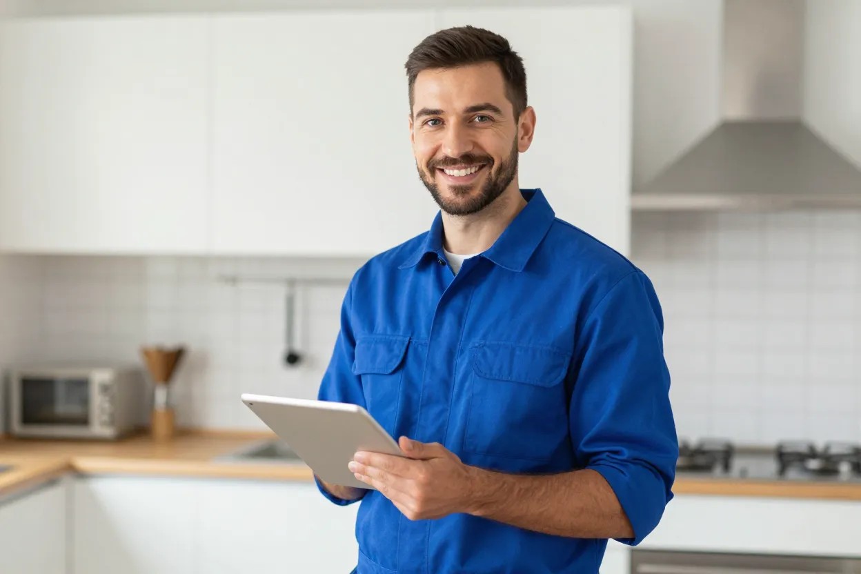 Technicien CoplaClean souriant avec tablette, prêt à vous conseiller