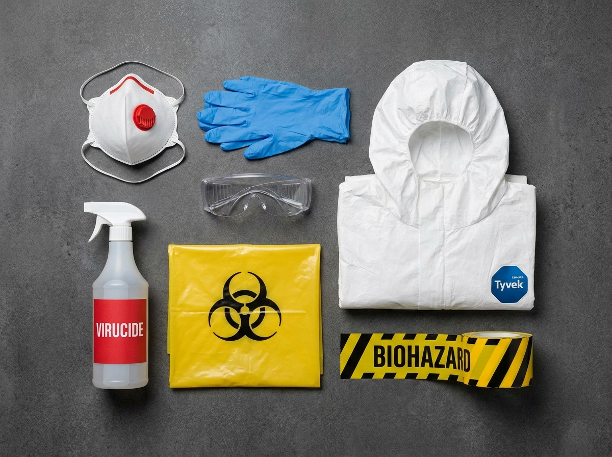 Kit EPI complet pour décontamination hantavirus&nbsp;: masque FFP3, gants nitrile, combinaison Tyvek, lunettes, virucide