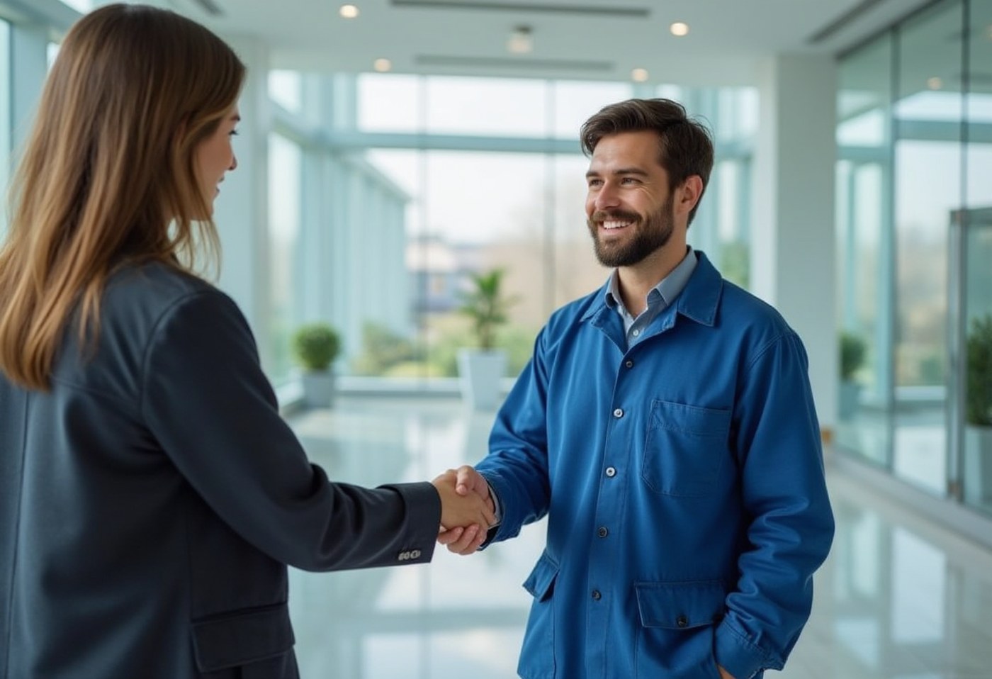 Technicien CoplaClean serrant la main d'une responsable de site dans le hall d'une entreprise