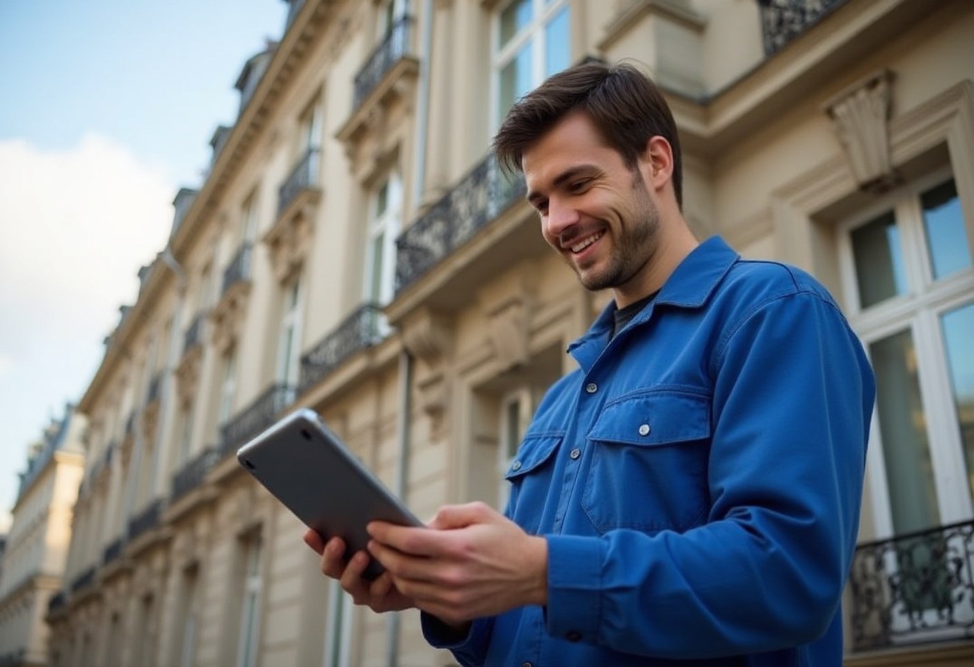 Technicien CoplaClean avec tablette devant des immeubles de copropriété bruxellois — dératisation pour syndics et gestionnaires